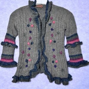 Peruvian Trading Co. Knit Ruffle Trim Embellished Cardigan Sweater